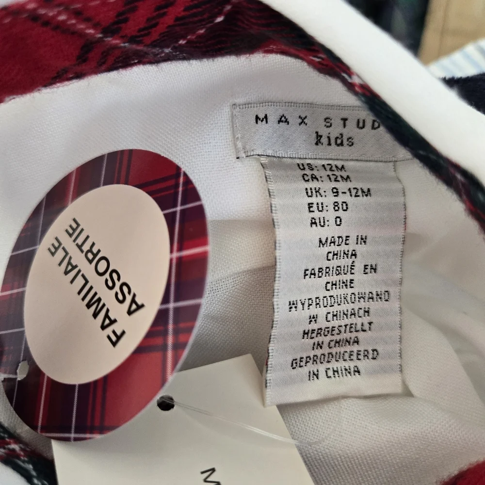 Max Studio Boys Navy‎ Overalls White Shirt Red Plaid Bowtie Holiday Set 12Mo NEW